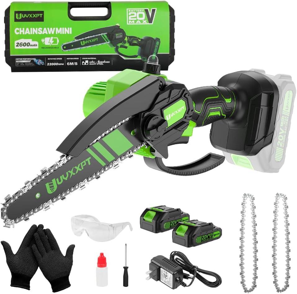 8 Inch Cordless Mini Chainsaw  21V Battery Handheld, 2x2600mAh | Auto Oiler, Portable Electric Chainsaw Safety Lock for Tree Trimming/Wood Cutting/Gardening/DIY(8-in-2 batteries)