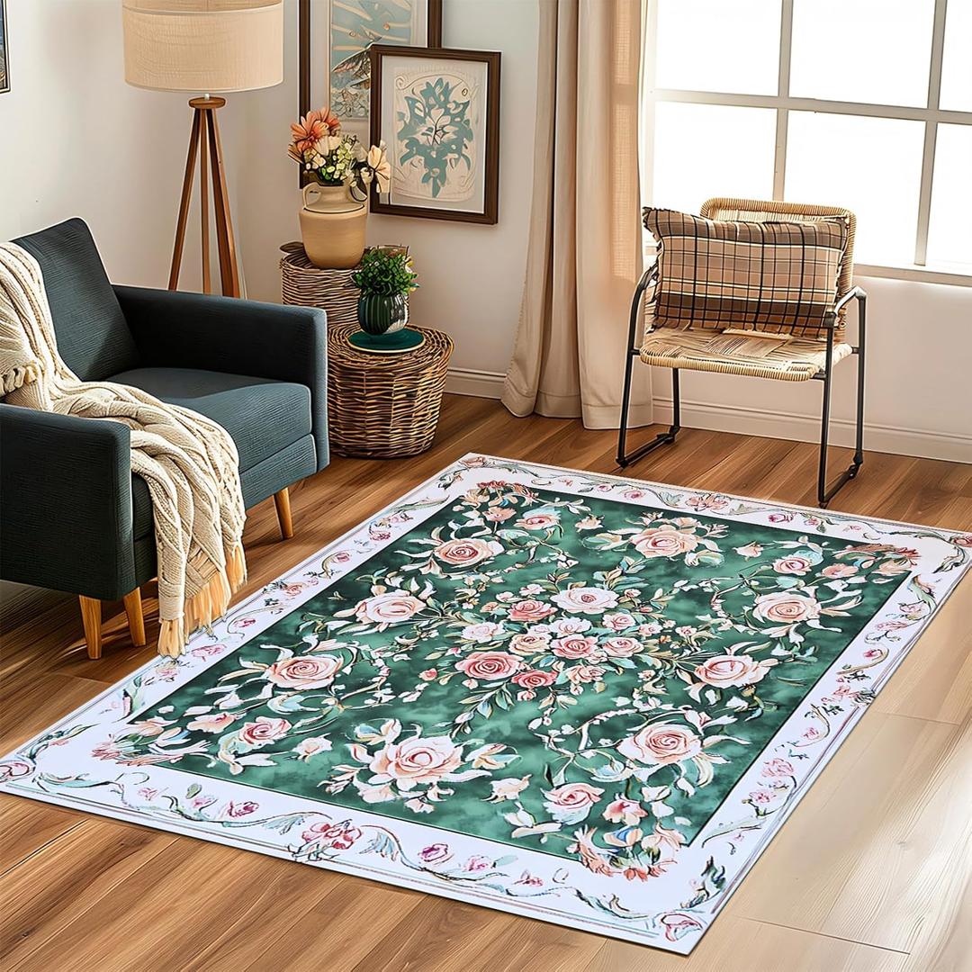 Living Room Rug, 5x7 Green Rugs for Bedroom, Floral Print Washable Non-Slip Backing Area Rugs, Soft Carpet for Kids Nursery Room, Office, Playroom(Vivid Green, 5' x 7')