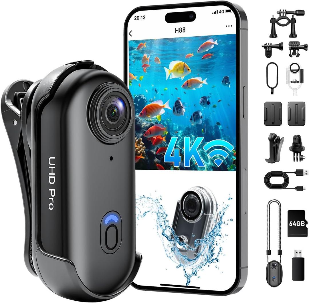 4K Action Camera, Wearable Body Camera with 64GB, Hands-Free Recording WiFi POV Camera with Waterproof Case, Back clip, Thumb Size Sports Cam Portable Camcorder for Cycling, Hiking, Fishing, Vlogging