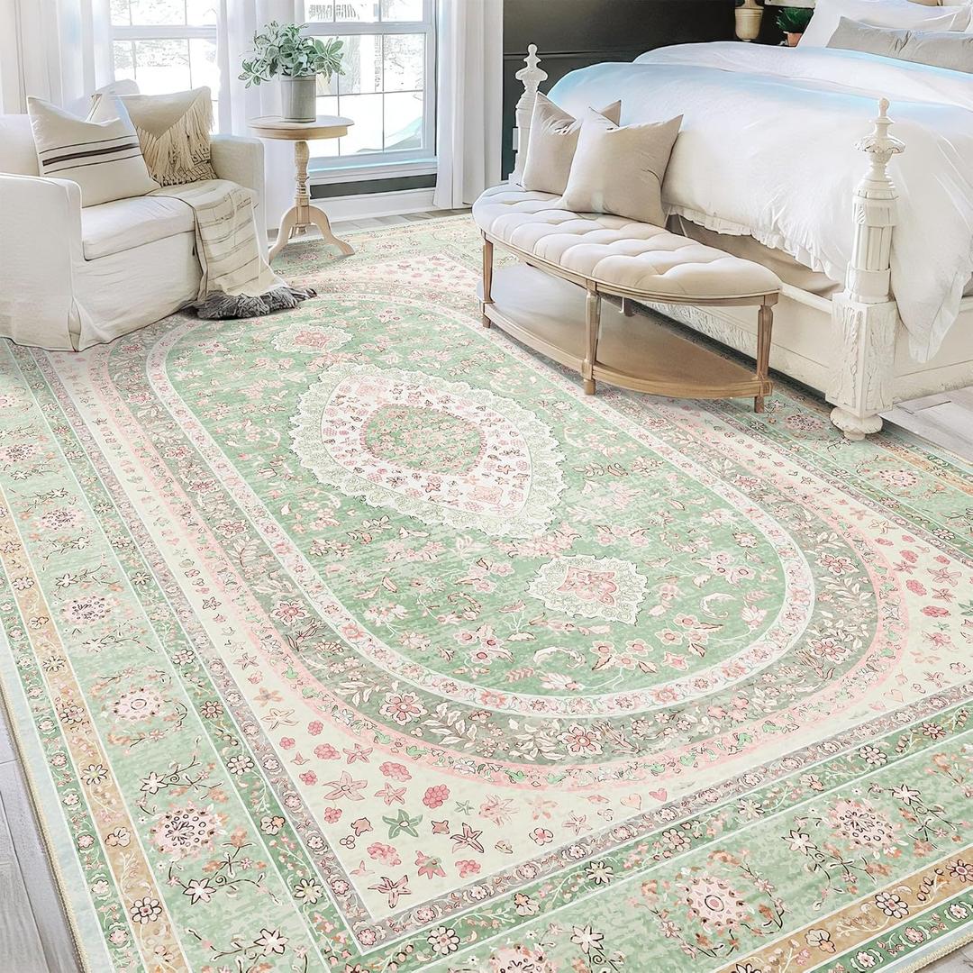 9x12 Area Rugs Washable,Green Rug for Living Room Bedroom Dining Room,Large Boho Vintage Bohemian Distressed Oriental Carpet Non Slip,Sage Blush Floral