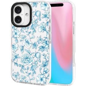 ChiCsFleur for iPhone 16 Case, TPU Phone case with Camera Protection for Women Girls Teens - Light Blue Chinoiserie Nature Peony Minimalist Floral Elegant Artistic Sorority Aesthetic Unique (Peonelle)