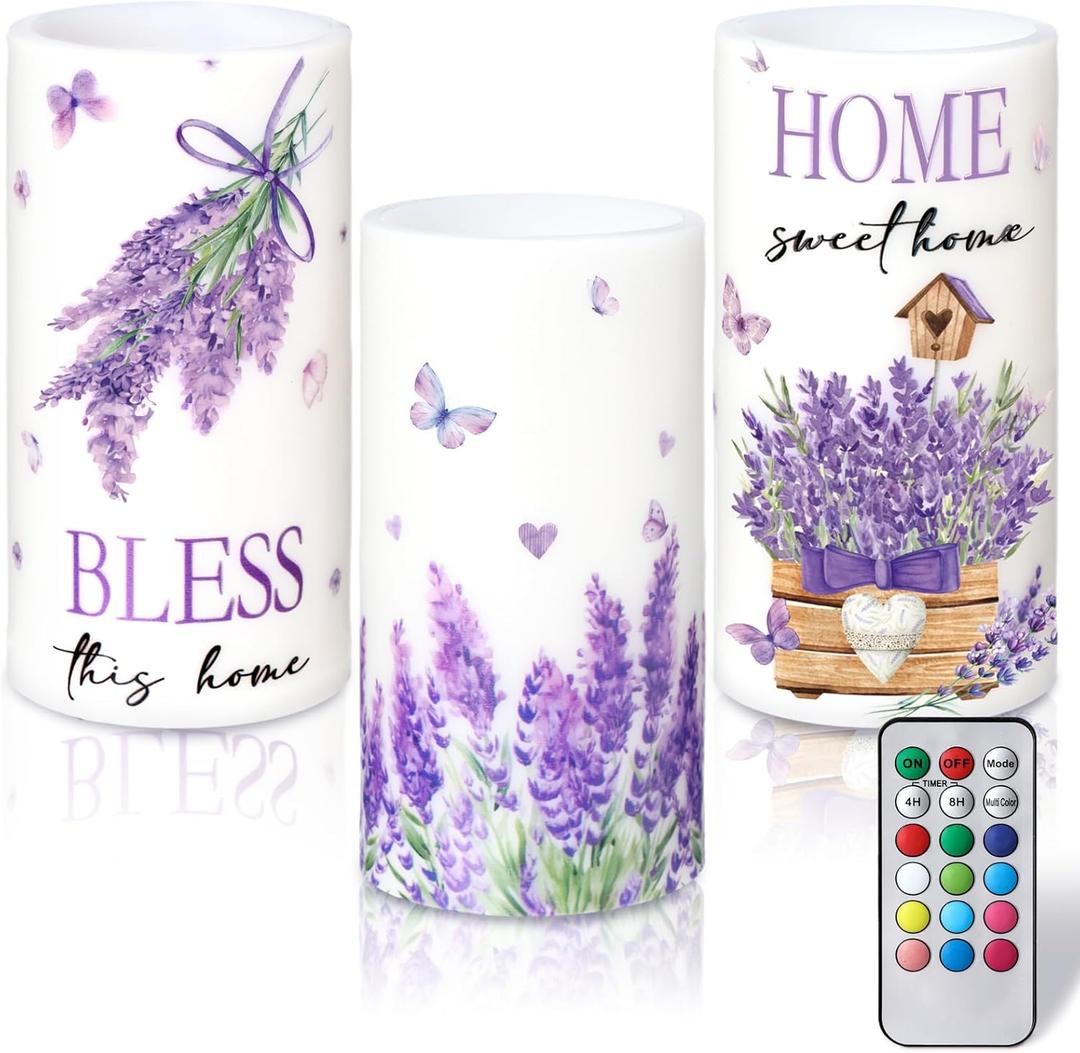 3 Pcs Purple Lavender Flameless Candles with Remote Color Changing Battery Operated LED Pillar Bless This Home Candles for Spring Lavender Easter Living Room Farmhouse Kitchen Decor