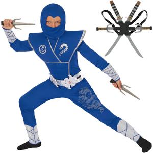 Morph Deluxe Boys Ninja Costume With Ninjas Toy Swords Accessory, Kids Ninja Costumes, Boy Halloween Costume (M, Blue)