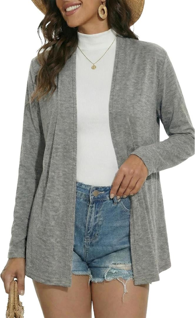 Long Sleeve Thin Cardigans for Women Lightweight Casual Loose Open Front Cardigan Soft Sheer Cover Up (Gray)