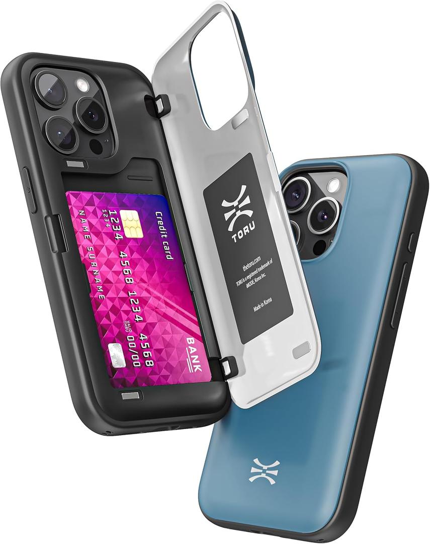 TORU CX Hybrid for iPhone 15 Pro Max Wallet Case | Dual Layer Slim Protective Hard Cover with Hidden 2-Credit Card Slot Holder - Blue