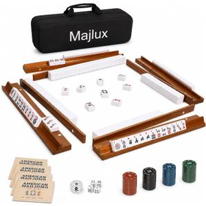 American Mahjong Set with 166 Scratch-Resistant Mahjong Tiles,4 Instruction, Complete Tile Set with 4 Solid Pine Wood Racks & Magnetic Pushers, Portable Carrying Bag & Full Accessories, 47 x 13.5 x 11.5 cm
