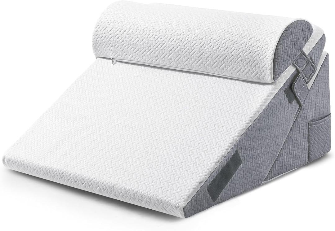 Sasttie Wedge Pillow Set for After Surgery, Adjustable Orthopedic Bed Wedge Pillow Set for After Surgery, Sleeping, Acid Reflux, Back Pain, and Recovery, Dark Grey & White (12 Inch + Head Pillow)