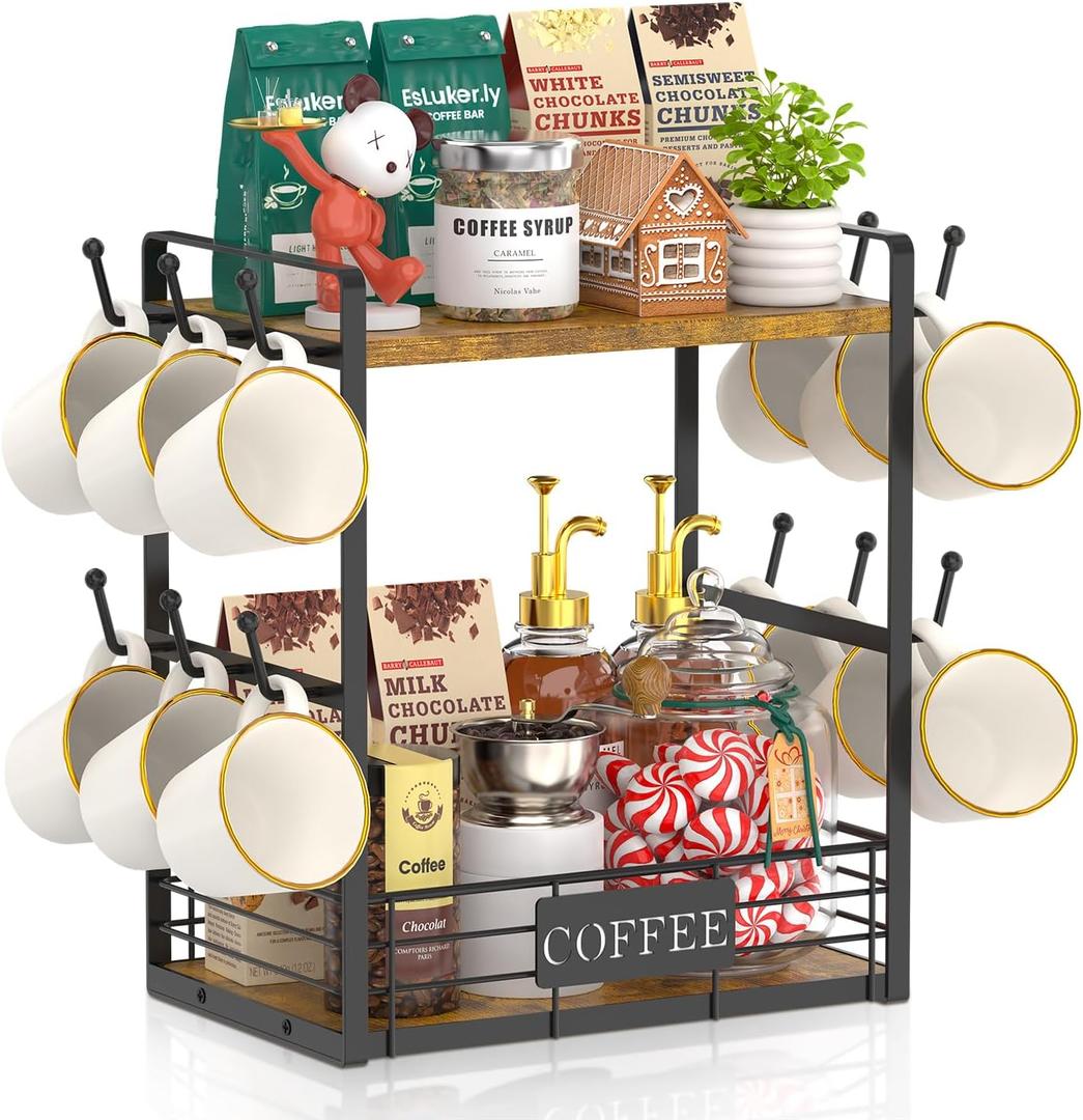 EsLuker.ly Coffee Mug Cup Holder Tree Bar Station Organizer, 2 Tier Mug Stand Rack for Countertop Kitchen, Storage Tower Display Shelf with 12 Hooks, Coffee Nook Enhancer, Vintage Brown Black