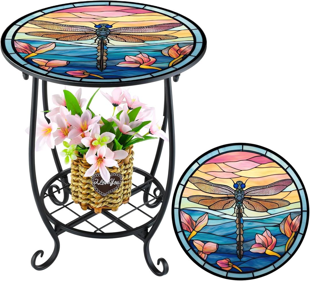Outdoor Side Table Round Small Mosaic Patio Accent Indoor End Plant Metal Coffee Tea Table for Yard Porch Garden Patio Living Room, Bedroom(Dragonfly Style,14 Inch)