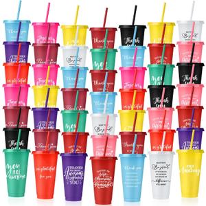 Nuenen 50 Pcs Employee Appreciation Tumbler with Straw and Lid Bulk 24oz Thank You Cup Christmas Party Gift Plastic Inspirational Travel Cups for Teacher Coworker Friend Volunteer(Delicate Style)