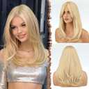 FESHFEN Blonde Wigs with Bangs - Long Layered Straight Light Blonde Natural Looking Synthetic Hair Wig for Women Daily Party Use, 18 inch