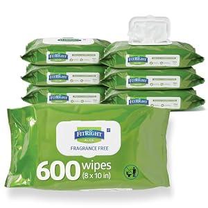 FitRight Personal Cleansing Wipes with Aloe 8x10 Unscented 600 Count
Moisturizing Body Wipes for Adults, Incontinence Cleaning, Cloth Wipes for Elderly Care & Bathing
