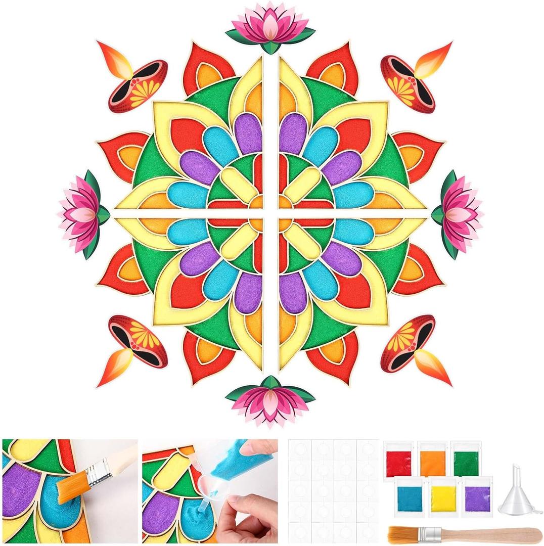 16 Wooden Rangoli Board Quartered Wooden DIY Reusable Floral Templates Mats with Traditional Indian Patterns Stickers Rangoli Stencils with Colorful Sand for Indian Diwali Decorative Plates