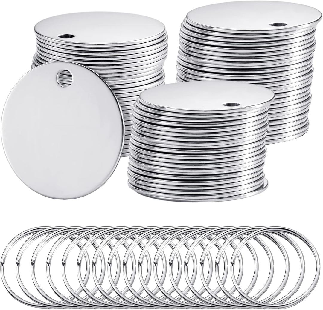 Therwen 100 Pcs 1.2 Inch Metal Stamping Blanks Silver Round Stainless Steel Blank Dog Tags with Hole Metal Polished Tags for Engraving with Key Rings for Bracelet Jewelry Making