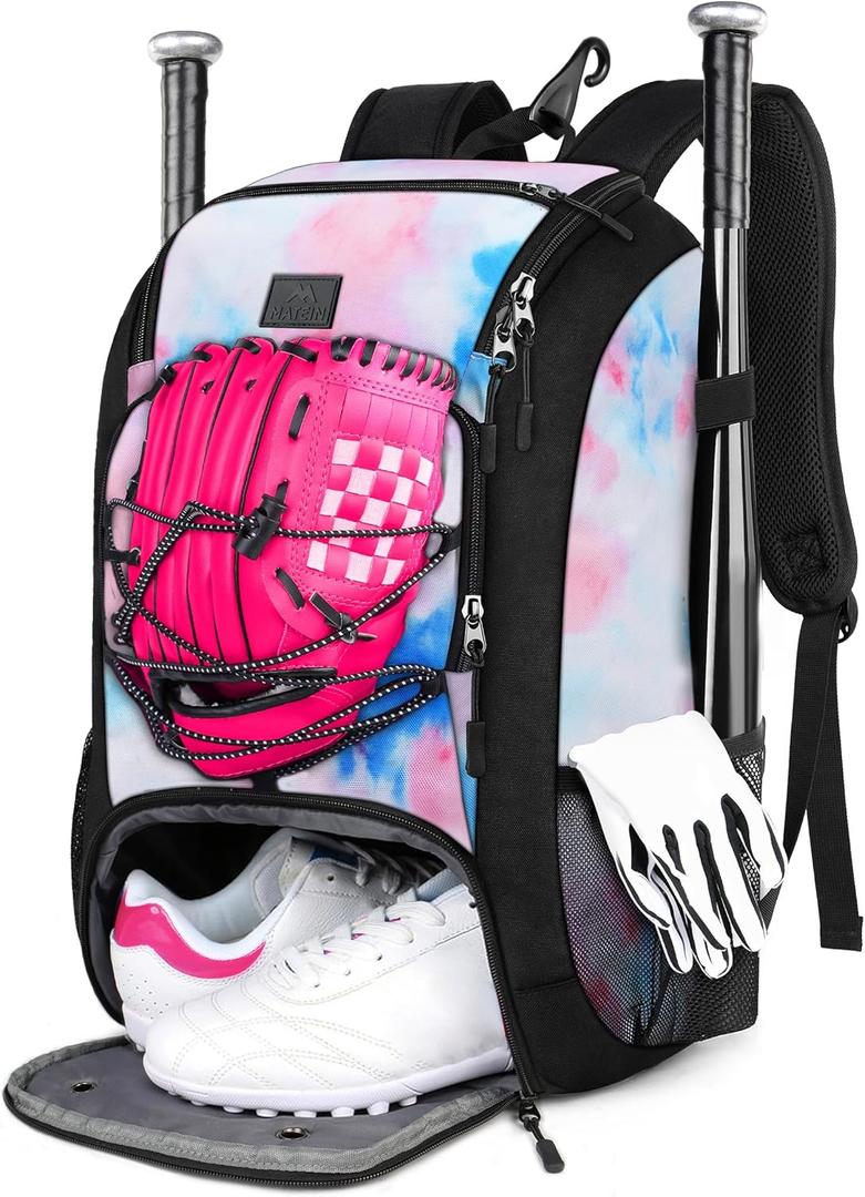 MATEIN Baseball Backpack, Softball Bat Bag with Shoes Compartment for Youth, Boys and Adult, Lightweight Baseball Bag with Fence Hook Hold TBall Bat, Batting Mitten, Helmet, Caps, Teeball Gear (29L, Multi-color)