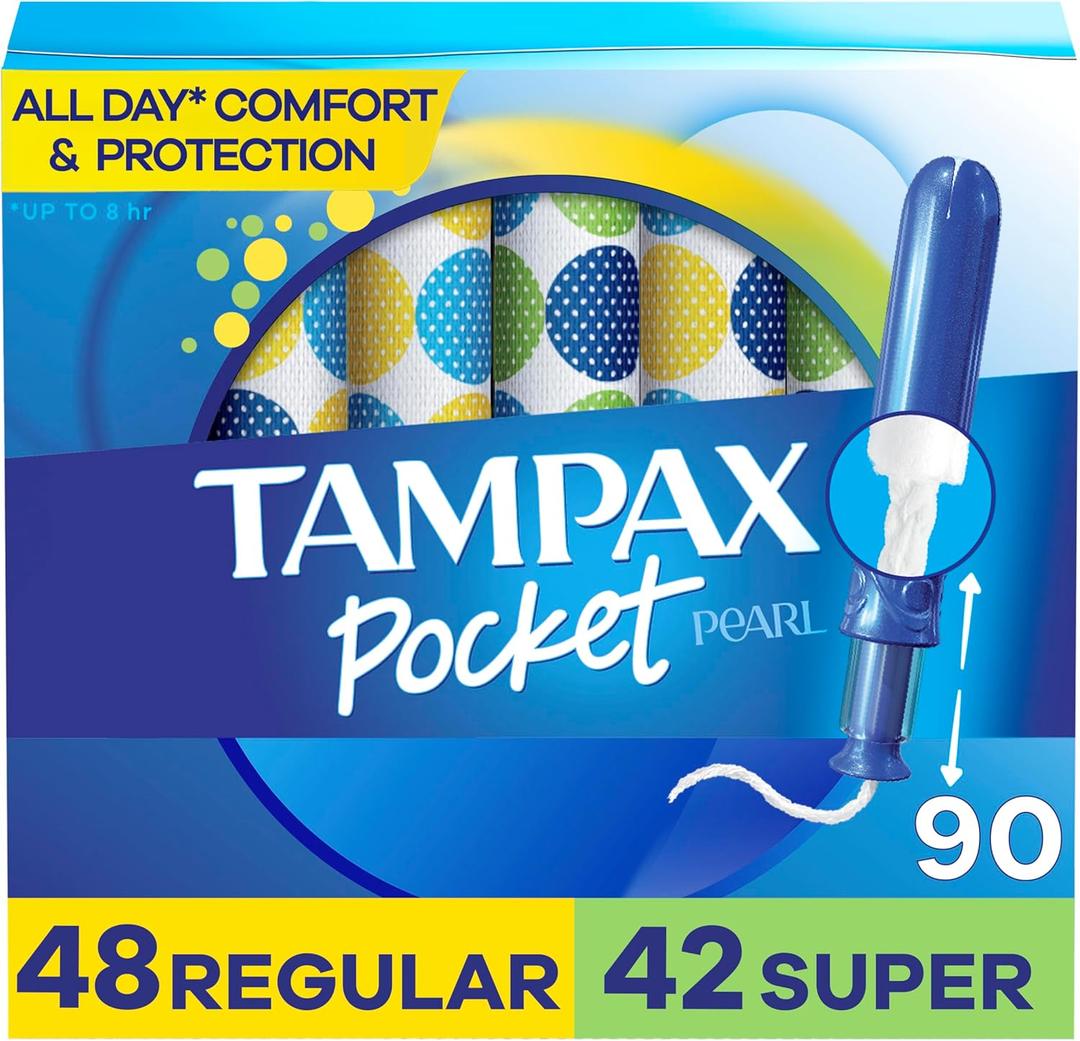 Tampax Pocket Pearl Compact Tampons Duo Pack, Regular/Super Absorbency with BPA-Free Plastic Applicator and LeakGuard Braid, Unscented, 90 Count Total (3 Packs of 30)