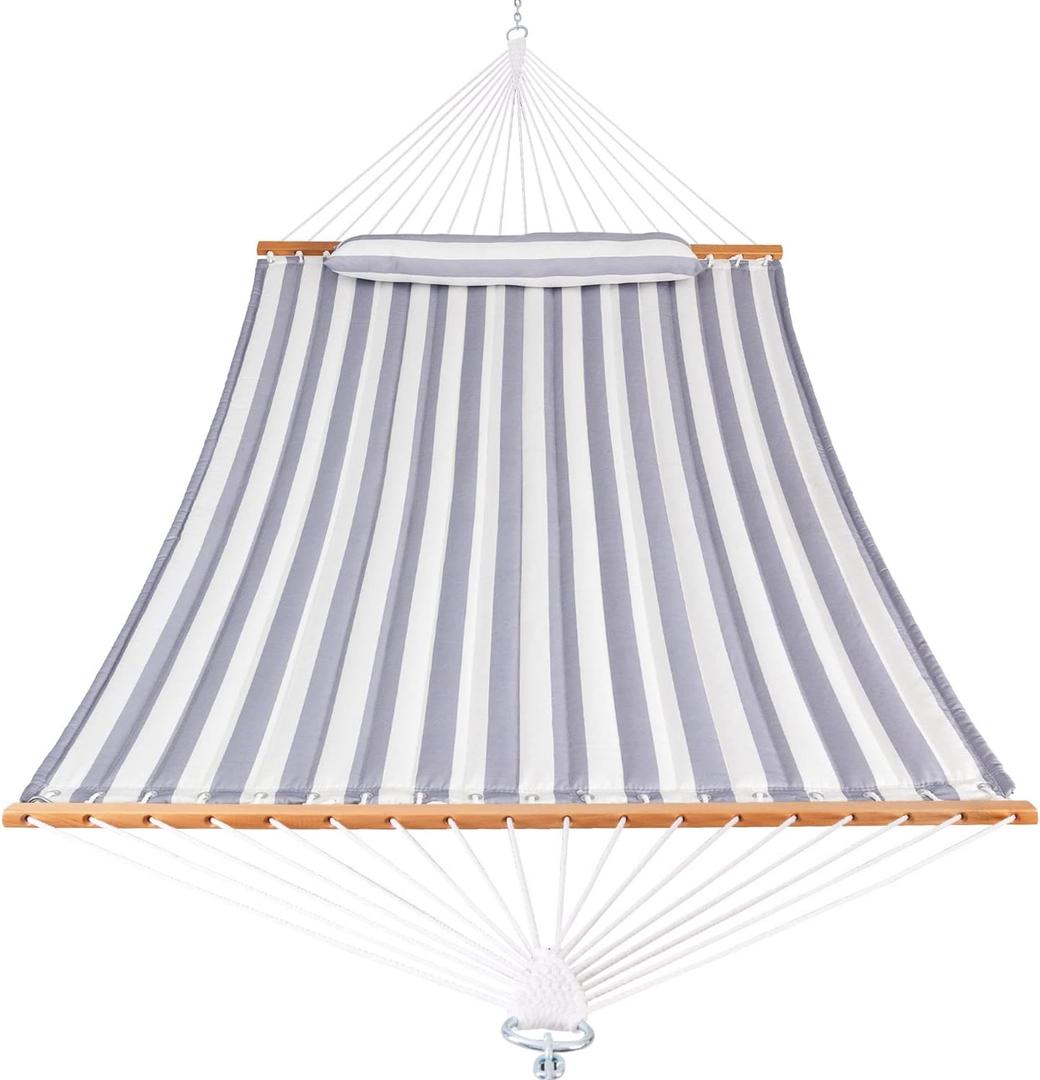 Quilted Fabric Hammock with Spreader Bar, 2 Person Double Hammock with Pillow and Chains, Poolside Backyard Beach 450 lbs Capacity,Gray&White (HS-HMQF-Gray-W-VC)