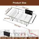 Over the Sink Expandable Dish Drainer Drying Rack In Stainless Steel for Small Kitchen, Counter Space Saving Modern Compact Metal Above Plate Dryer Strainer, Adjustable Hanging Inside Drain Holder (For 11.5"-30"W Sink, Silver)