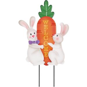 hogardeck Easter Decorations Outdoor, 26 Inch Cute Bunny Carrot Decorative Garden Stakes for Easter Decor, Welcome Metal Yard Sign for Home Spring Outside Garden Front Porch Lawn Backyard (White Orange)