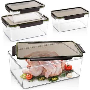 4 Pcs Large Capacity Marinating Containers with Lid, 14.09/8.18/5.34/2.73 Qt, Plastic Food Brining Containers for Marinating Meat, BBQ Prep Storage with 4 Locking Tabs, Dishwasher Safe