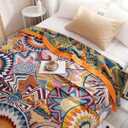 Boho Throw Blanket for Bed 100% Cotton Bohemian Blankets Ultra Soft Woven Muslin Decorative Blankets All Seasons Vintage Quilt Knitted Blanket for Sofa Chair (Colorful, 50"x60")