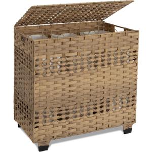 OIAHOMY Laundry Hamper with Lid, 140L Clothes Hamper with 3 Removable Liner Bags, Foldable Basket with Lid, Synthetic Wicker Laundry Basket for Bedroom, 27x 13 x 26 Inches, Yellow