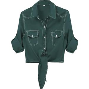 AMEBELLE Women's Roll Up 3/4 Sleeve Tie Front Knot Shirt Chambray Denim Crop Top (Large, Darkgreen) AMEBELLE Women's Roll Up 3/4 Sleeve Tie Front Knot Shirt Chambray Denim Crop Top (Large, Darkgreen)