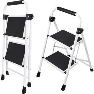 2-Step Folding Step Ladder, 330 lbs Heavy-Duty Metal Step Stool with Wide Anti-Slip Pedals & Support Handle, Lightweight Portable Ladder for Home, Kitchen & Indoor Tasks  Black