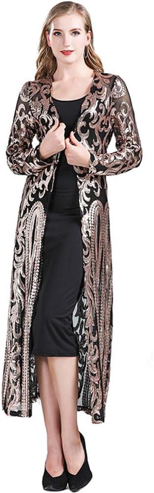 Women's Cardigan Sparkle Sequins Open Front Long Sleeve Cardigan Coat Dress for Evening Party (Black, XXXL)