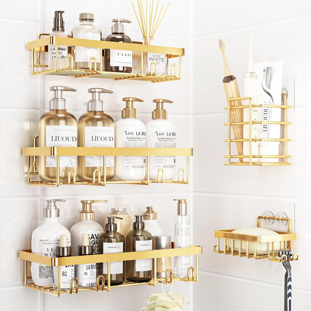 5 Pack Shower Caddy Organizer Rack Shelf for Inside Shower, Self Adhesive Wall Storage Basket Rustproof Stainless Steel Shampoo Holder Bathroom Accessory Decor Set, Gold