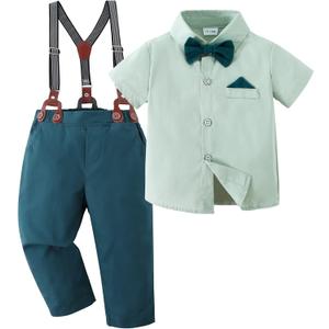 DISAUR Baby Boy Clothes Suits Toddler Dress Shirt With Bowtie Suspender Pants Outfit Sets Gentleman Wedding 1-6 Years (Green 2), 4-5T