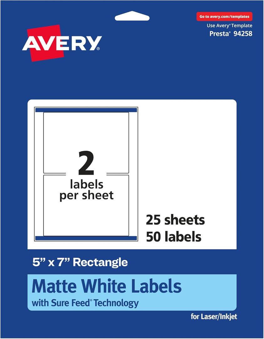 Avery Matte White Rectangle Labels, Sure Feed Technology, 5" x 7", 50 Matte White Printable Labels