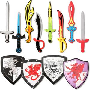 Liberty Imports 12 Pack Foam Swords and Shields Playset, Medieval Combat Ninja Warrior Weapons Costume Role Play Accessories for Kids Party Favors