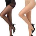 2 Pairs Black Sheer Tights for Women 15D Not Rip Control Top Pantyhose High Waist With Reinforced Toes (X-Large)
