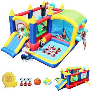 7 in 1 Inflatable Bounce House, Bouncy House with Ball Pit for Kids Indoor Outdoor Party Family Fun, Obstacles, Toddler Jump Bouncy Castle with Ball Pit for Birthday Party Gifts(no soccer/basketballs or inflater fan)