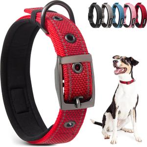 PetiFine Heavy Duty Dog Collar with Durable Metal Buckle,Neoprene Padded Comfort Dog Collar, Reflective Adjustable Belt Buckle Dog Collars for Small Medium Large Dogs (14.5''-19'', Red)