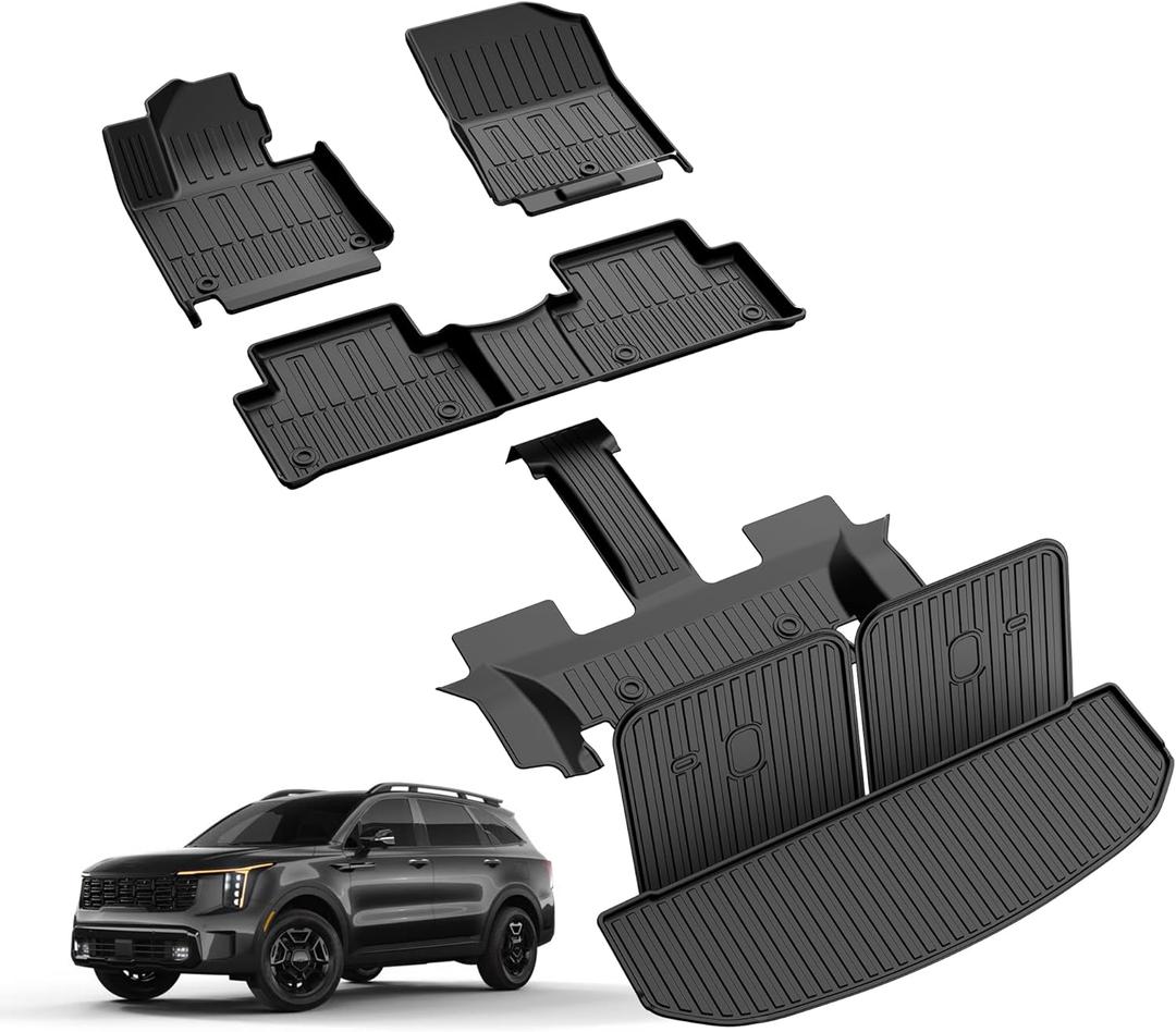 Original 2021-2026 Sorento Floor Mats & Cargo Liner & Backrest Mat for Kia Sorento 6/7 Seats (Not for Hybrid) - Custom Fit TPE Floor Liners & Trunk Mat - All Weather Mats for Sorento 2021-2025 2026