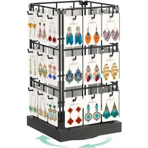 EsLuker.ly Rotating Earring Display Holder Stand for Vendors Events Selling, Large Capacity 36 Hooks Jewelry Rack with Wooden Base for Earring Card Sales, Enhances Retail Visibility(Black)