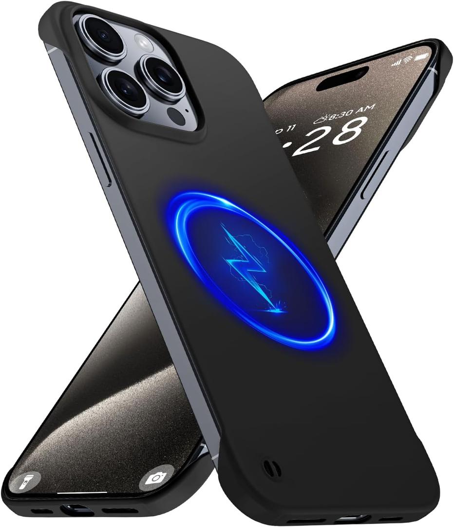 Magnetic Slim Case Fit for iPhone 15 Pro Phone Case 6.1"(2023) Ultra-Thin Lightweight Durable Frameless Matte Hard MagSafe Cover Case with Pull Ring Shockproof Non Slip Rope-Black