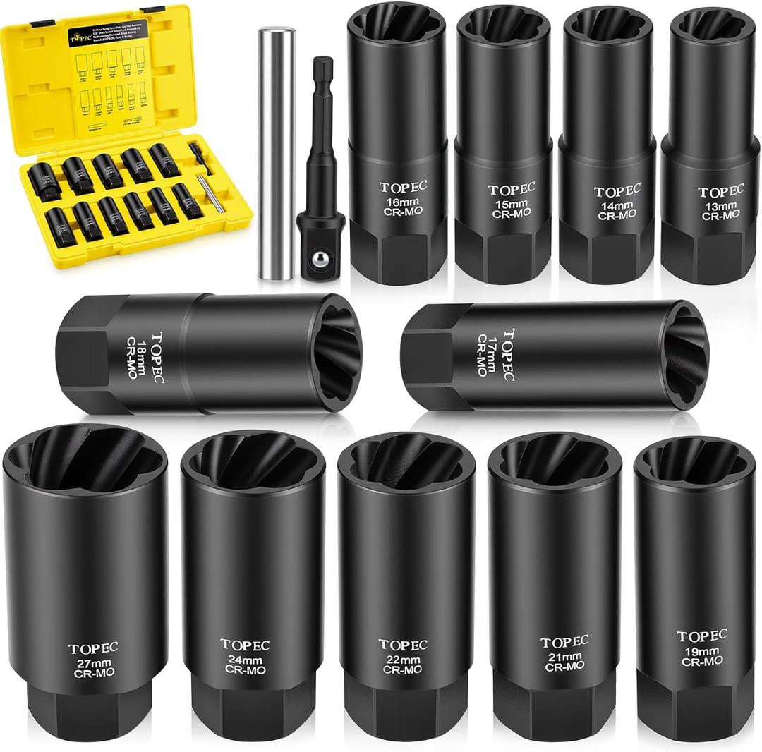 Topec 13PCS Deep Lug Nut Remover, 13-27mm Wheel Lock Removal Tool, 1/2" Drive Bolt Extractor Socket Set, Heavy Duty Lug Nut Removal Tool for Stripped, Rounded, Broken Bolts
