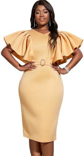 AOMEI Women's Khaki V Neck Ruffles Sleeve Rhinestone Buckle Bodycon Knee Length Dress, 4XL