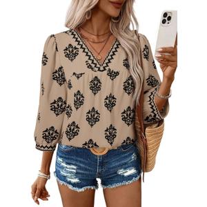 SHEWIN Women's Casual V Neck Floral Print Chiffon Blouses 3/4 Sleeve Boho Summer Tops Shirts (XX-Large, Khaki)