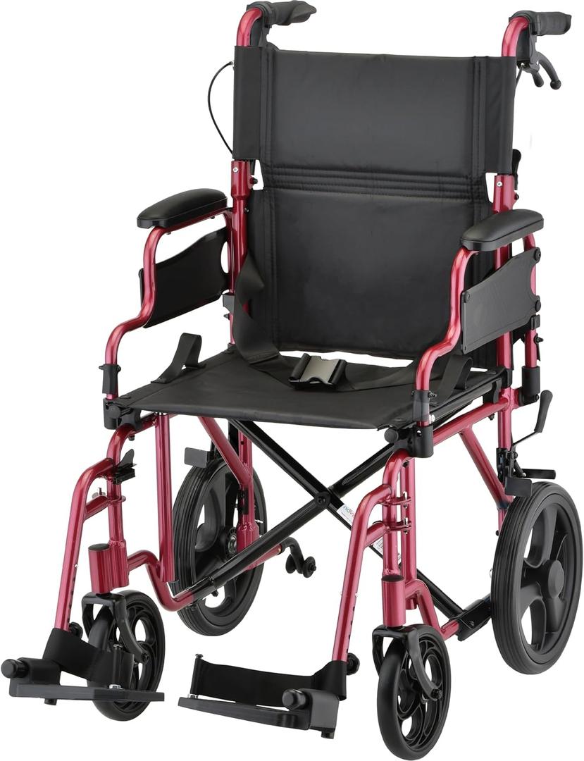 NOVA Lightweight Folding Transport Chair Aluminum Travel Wheelchair with Flip-Up Desk Arms, One-Grip Locking Handbrakes, 8 Front & 12 Rear All-Terrain Wheels Supports Adults Up to 300 lbs Red