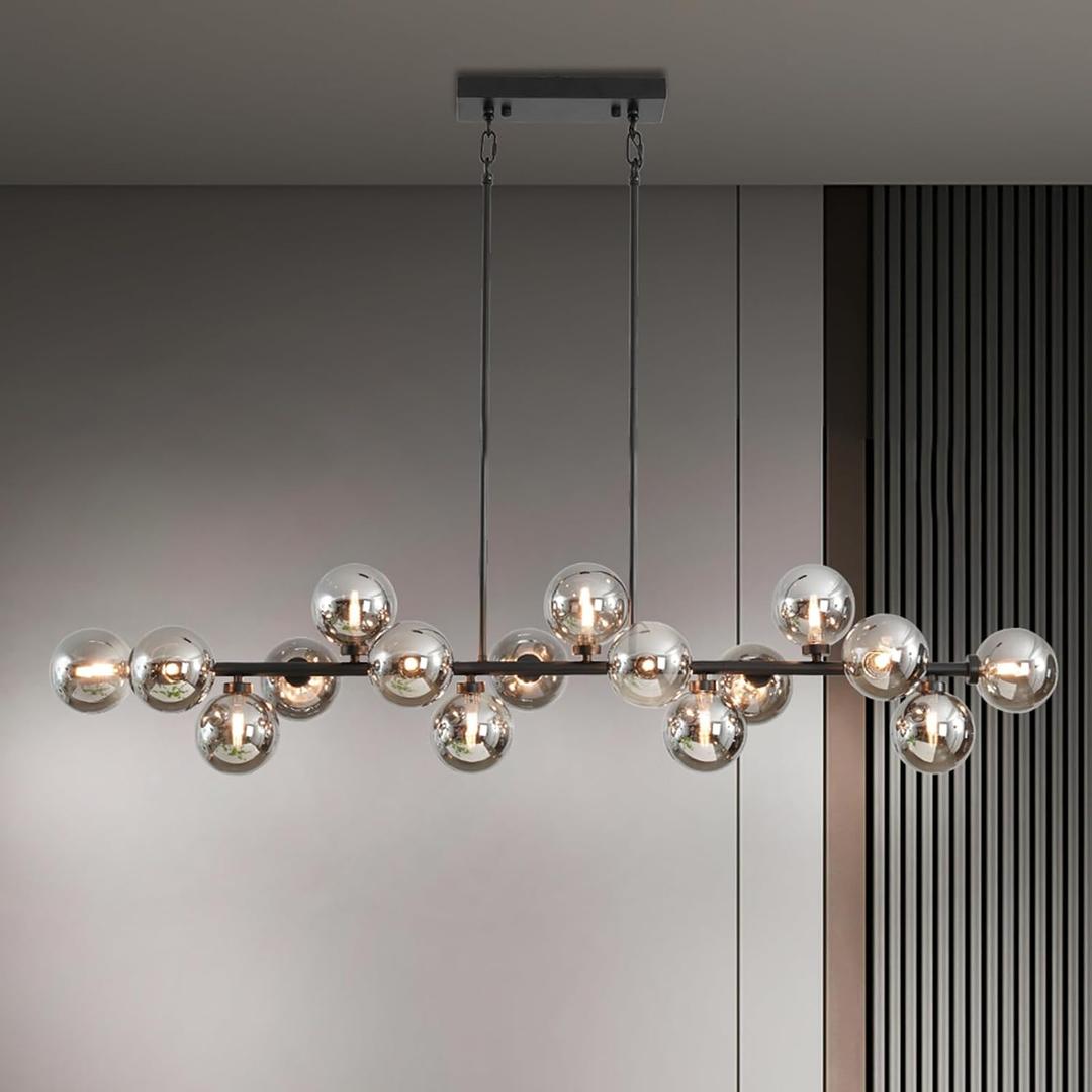 Black Chandelier for Dining Room, 55 Inch Glass Globe Sputnik Chandelier, 16 Lights