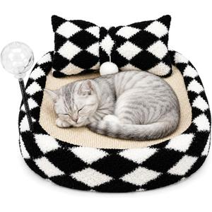FurSo Cat Bed Scratcher Lounge for Indoor Cats Sisal Scratch Pad with Spring Treat Ball, Plush Pillow & Play Toy | Diamond Design | Protects Furniture
