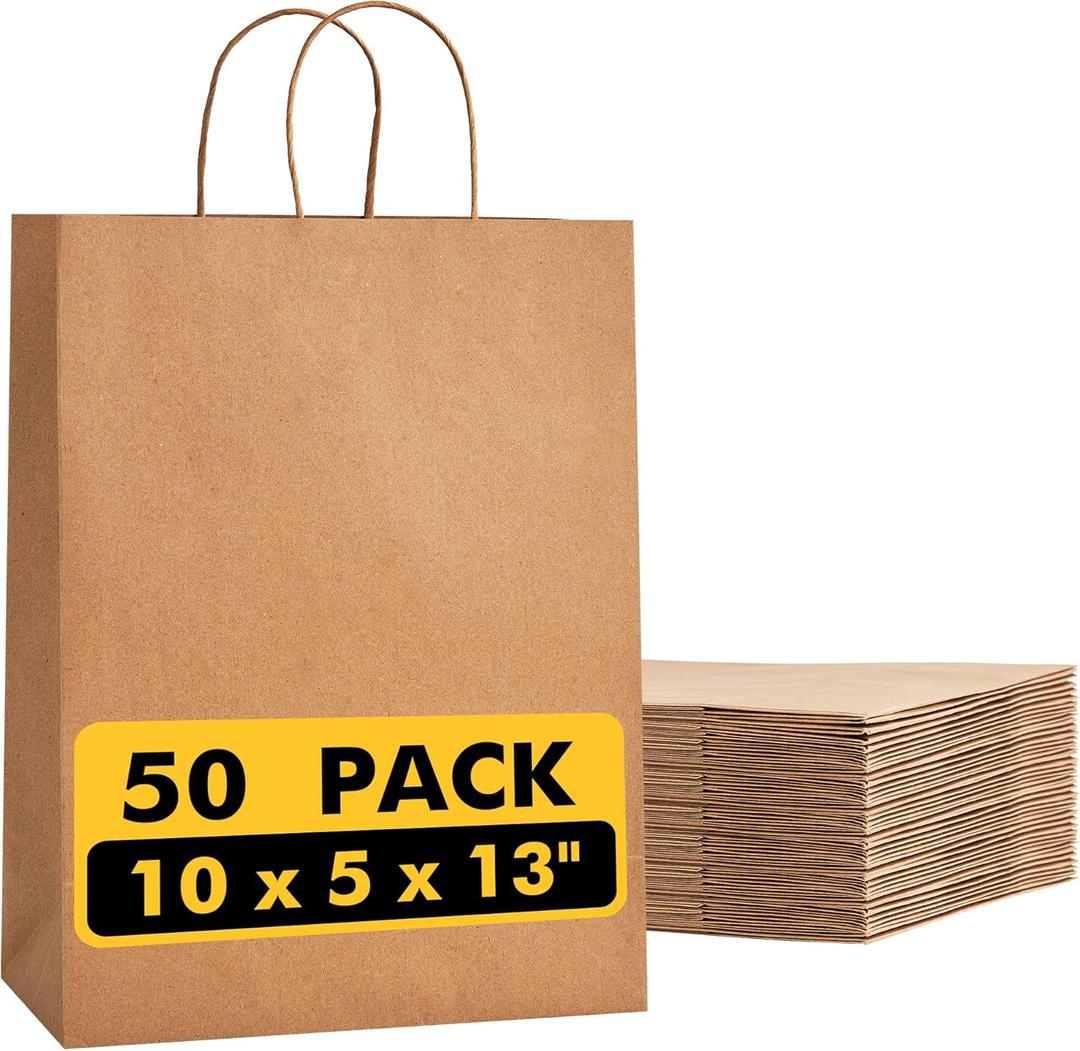 RACETOP 50 Pcs Kraft Shopping Bags 10x5x13 In Brown Paper Bags with Handles Bulk, Recycled Paper Gift Bag for Birthday Party Favors Grocery Retail Shopping Business