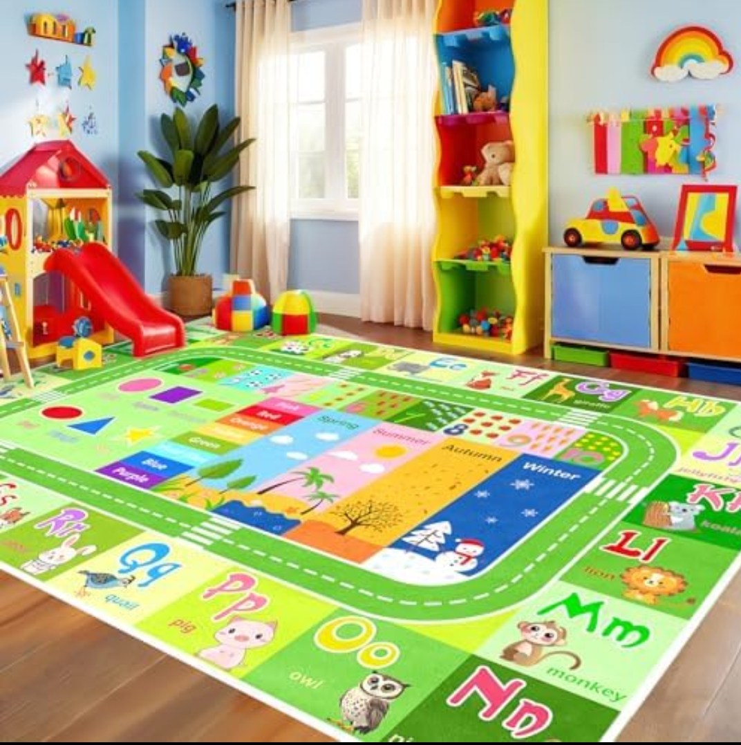 BATATADOCE Kids Rugs for Playroom - Educational Rug with ABC Alphabet,Animals Colors,ABC Rugs for Children Playroom Cartoon Kids Play Mat for Bedroom Decor,Green, 2.5×4Feet