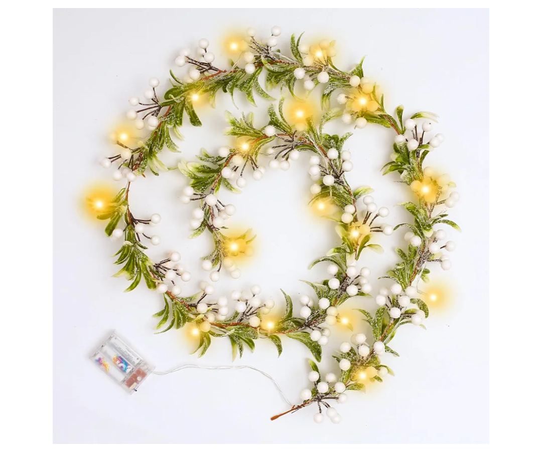 Breeze Touch Christmas Garland with Lights Battery Operated, 5.9ft 20 LED White Berry Lighted Garland, Christmas Decorations Prelit Garland Indoor Outdoor Fireplace Stairs Railing Mantle Decor