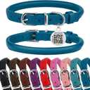 BRONZEDOG Rolled Leather Dog Collar for Small Medium Large Dogs with QR ID Tag (M: 14-16 Inch, Ocean Blue)