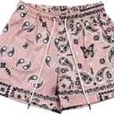 Men's Paisley Shorts Drawstring Bandana Print Casual Workout Athletic Basketball Beach Boxing Summer Shorts (Pink, XS)